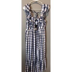 NWT Robert Louis Blue Gingham Maxi Dress Tie Back Ruffle Sleeve Women's Size M